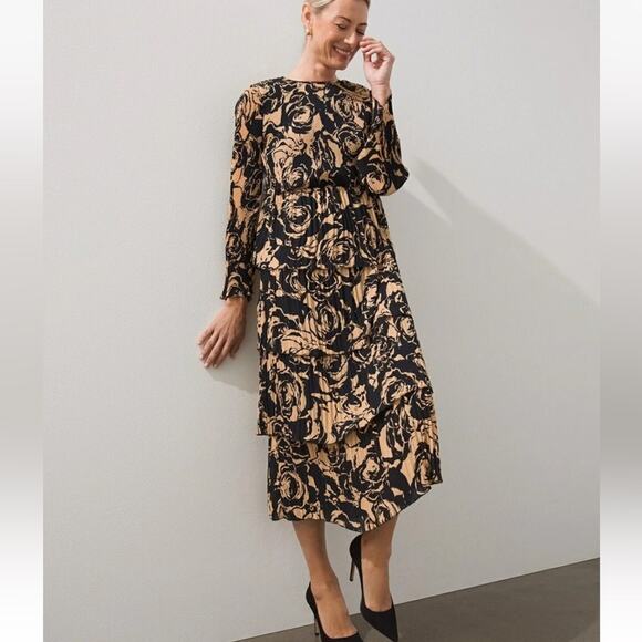 NEW Chico’s Floral Pleated Tiered Dress Black Label Tan Cocktail Party High Neck - Picture 1 of 10